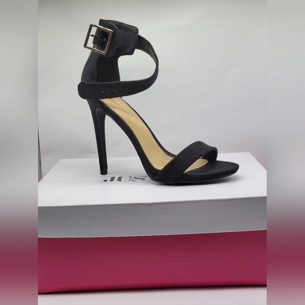 JustFab Black Suede Ankle Strap Stiletto Heels